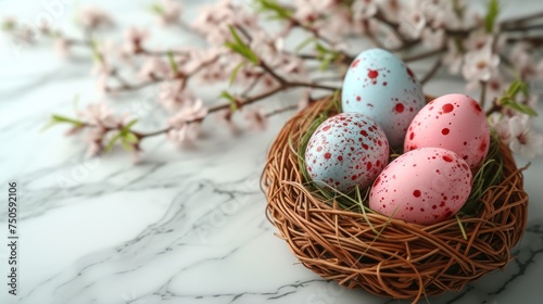 Easter background. Beautiful composition of colorful eggs and spring flowers on a delicate background. Spring holidays concept with copy space.