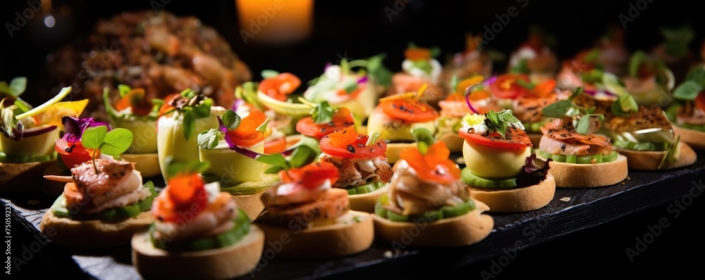 A beautifully decorated catering banquet table with a variety of appetizers and sandwich appetizers at a luxury wedding reception. Serving meals and appetizers in the restaurant.