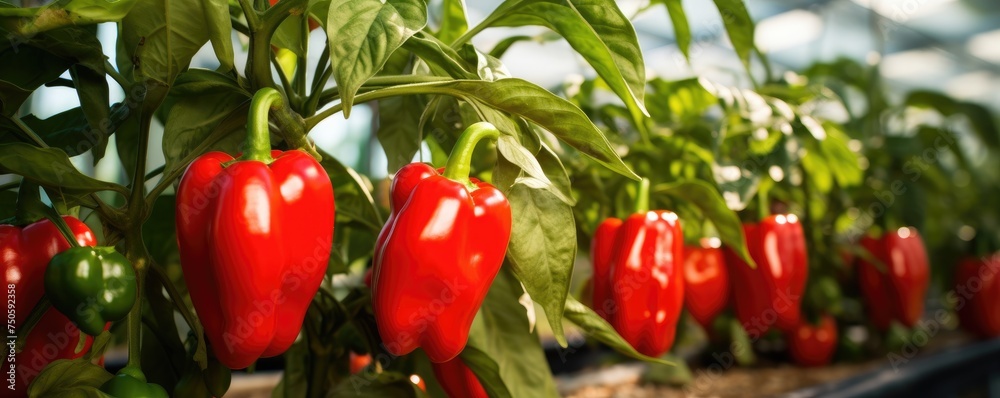 Beautiful ripe red pepper on branch in amazing sunny garden.
