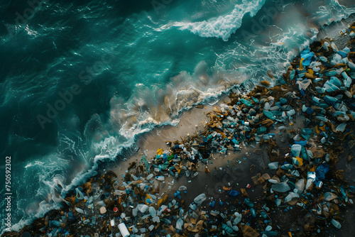 Beach where the tides carry all the plastics of human pollution. Concept  destruction  climate change