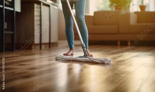 Close up photo of young woman cleaning floor with a wet mop 