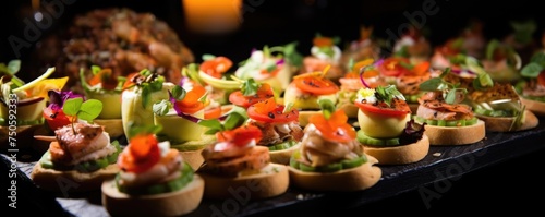 Obraz na płótnie A beautifully decorated catering banquet table with a variety of appetizers and sandwich appetizers at a luxury wedding reception. Serving meals and appetizers in the restaurant. w salonie