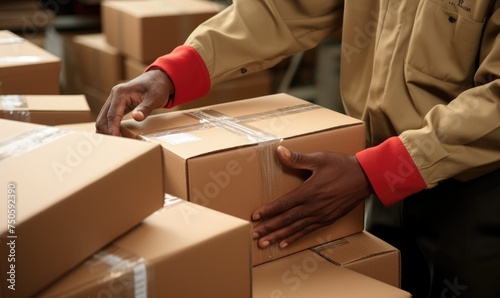 An employee of the transport company prepares packages for transport. Packing packages concept
