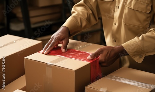 An employee of the transport company prepares packages for transport. Packing packages concept