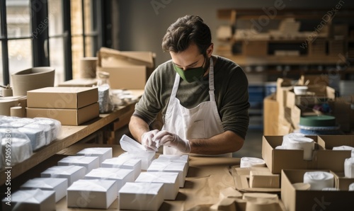 Man packing packages with products, prepares packages for transport company © Daniela