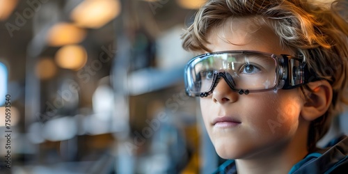 Young Lab Technician in Protective Goggles Exploring the Workshop