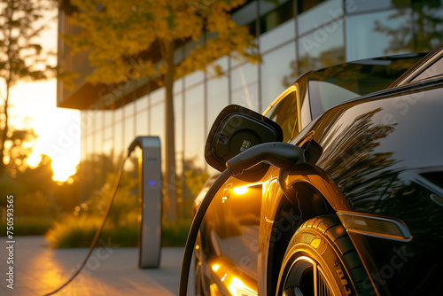 EV charging station sits at the forefront of a scene that perfectly marries modernity with nature. photo