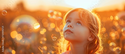 At sunset, a five-year-old Caucasian girl blows soap bubbles outdoors - playfully carefree in the summer