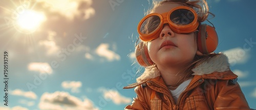 A child pilots a toy jetpack, set against an autumn sky background. photo
