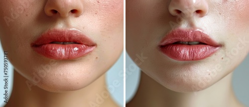 Comparison of the before and after of hyaluronic acid injection for women's lips. Optimal beauty lip treatment.