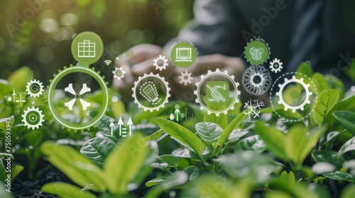 Symbols of renewable energy, natural resources preservation, environment protection inside connected gears with a businessperson in the background depicting sustainable development concepts
