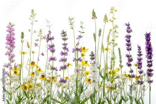 Meadow grass stems with yellow, white, and purple flowers isolated on white