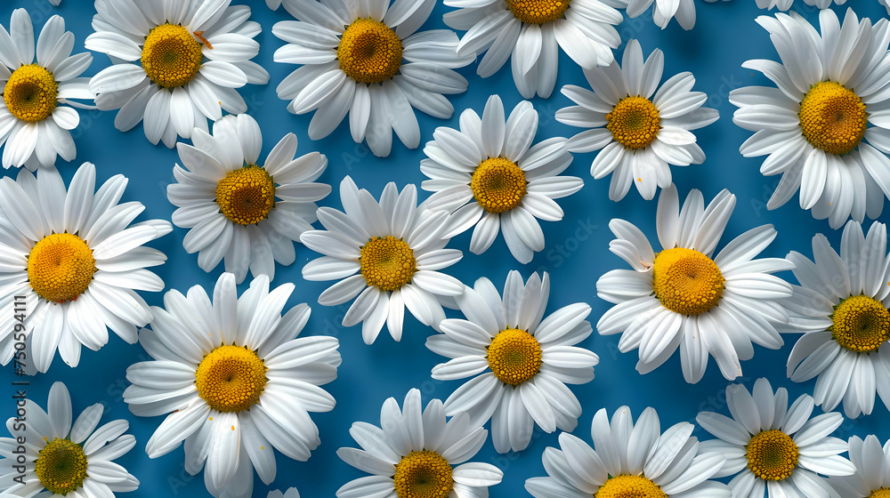 Top view of chamomile pattern isolated on blue background. High quality Top view of chamomile pattern isolated on blue background. High quality