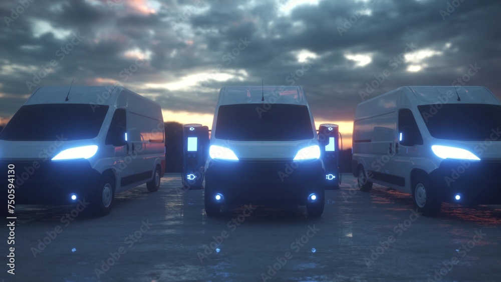 Modern electric delivery van is charged at the charging station. 3d illustration Modern electric delivery van is charged at the charging station. 3d illustration
