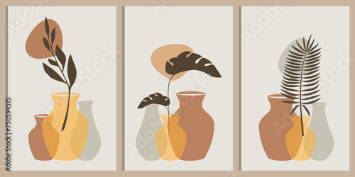 Botanical print set wall art, Tropical leaves and floral pattern minimal design for home wall art, social media post template, Vector illustration