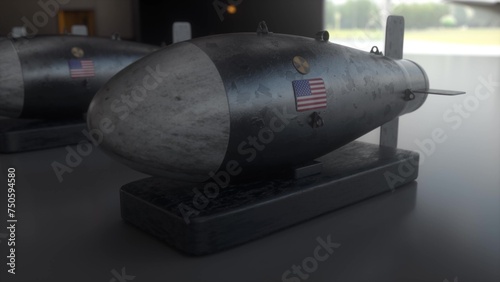 Nuclear Missile on the Background Flag of USA. Weapons of mass destruction. Nuclear  chemical weapons  radiation. 3d illustration