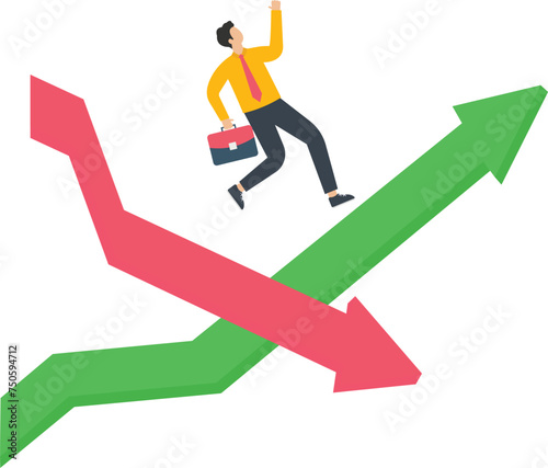 Jumping from falling arrow to rising arrow, Risk taking ambition or financial downturn concept,

