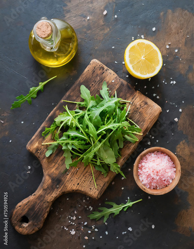 Top view of bunch of fresh arugula herb leaves on a rustic wooden cutting board  accompanied organic rock salt  bottle of olive oil and sliced lemon