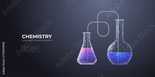Laboratory abstract flask with neon-colorful liquid. Digital lab background. Science and chemistry concept. Test tubes or glass beakers on a technology-dark background. Vector 3D illustration.