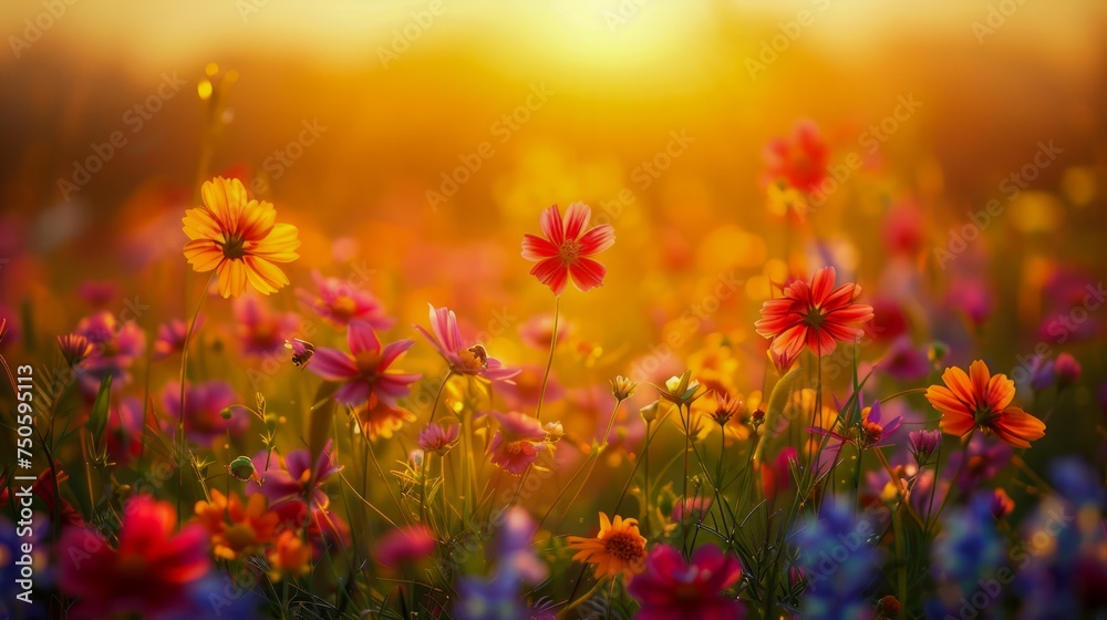 Vibrant Summer Sunset with Colorful Blooming Wildflowers and Golden Sunlight in a Serene Meadow Landscape Vibrant Summer Sunset with Colorful Blooming Wildflowers and Golden Sunlight in a Serene Meadow Landscape