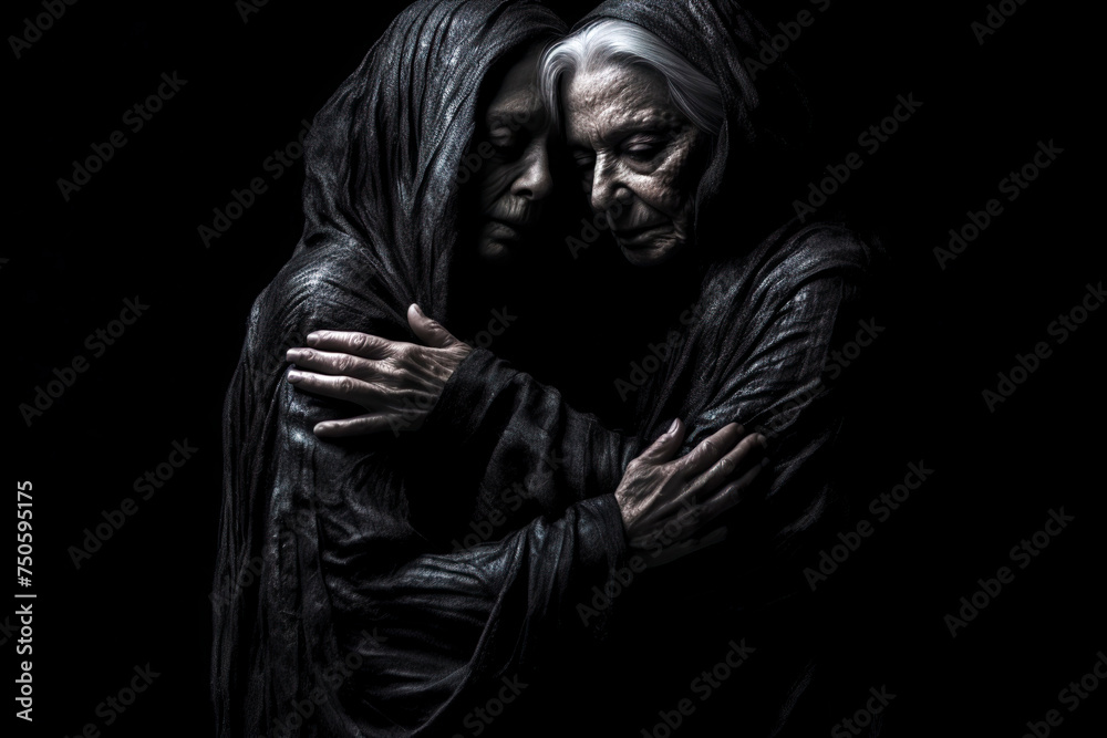 women covered in dark, textured fabric, their face obscured, against a teal tiled wall background, ai generative women covered in dark, textured fabric, their face obscured, against a teal tiled wall background, ai generative