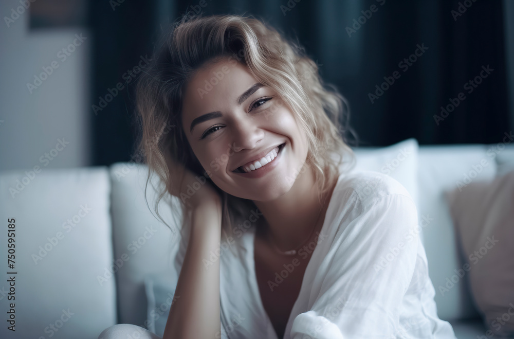 pretty woman smiling happy on the sofa at home wearing a white robe, ai generative pretty woman smiling happy on the sofa at home wearing a white robe, ai generative