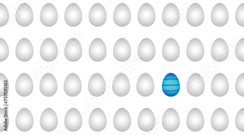 Viele Reihen weißer Eier und ein blaues Osterei, das heraussticht