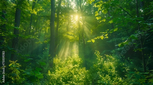 Serene Sunbeams Illuminating Green Forest Landscape, Ethereal Morning Light in Lush Woodland, Nature's Tranquility