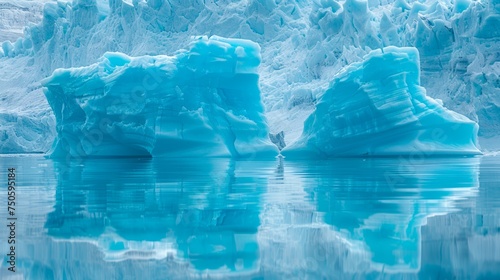 Majestic Icebergs Reflecting on Calm Arctic Waters with Glacial Background in Vibrant Blue Tones photo