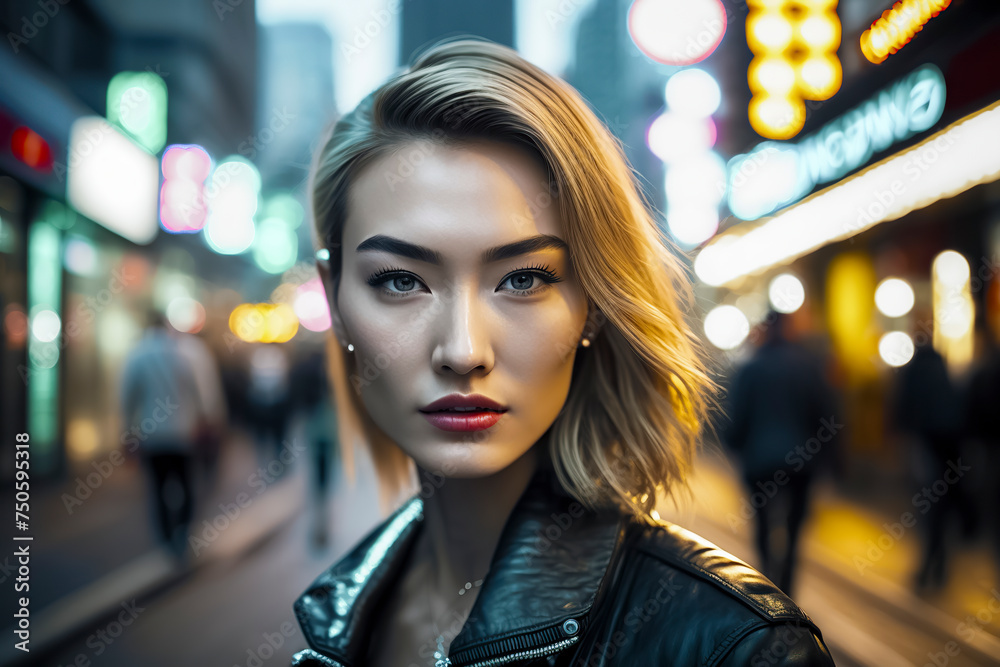 asian woman in a leather jacket standing on a busy, illuminated city street at night, ai generative