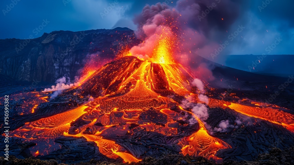 Majestic Nighttime Volcanic Eruption with Lava Flows and Explosive Ash Plumes under Starry Sky Majestic Nighttime Volcanic Eruption with Lava Flows and Explosive Ash Plumes under Starry Sky