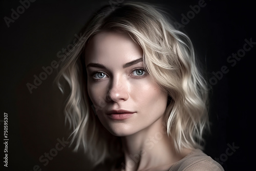 pretty woman with blonde hair, against a dark background. Only the upper body is visible, ai generative