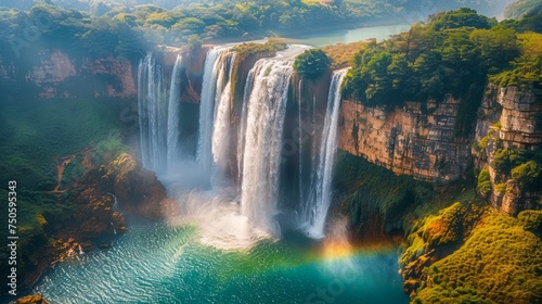 Majestic Waterfall with Mist and Rainbow in Lush Green Landscape, Aerial View of Scenic Nature Beauty