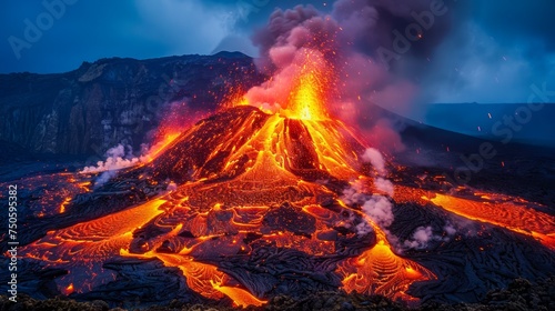 Majestic Nighttime Volcanic Eruption with Lava Flows and Explosive Ash Plumes under Starry Sky