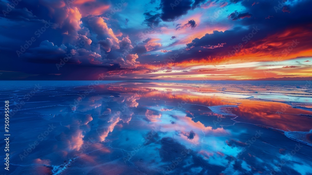 Majestic Sunset and Cloud Reflections over Tranquil Mirror-Like Water Surface, Dramatic Sky Panorama Majestic Sunset and Cloud Reflections over Tranquil Mirror-Like Water Surface, Dramatic Sky Panorama