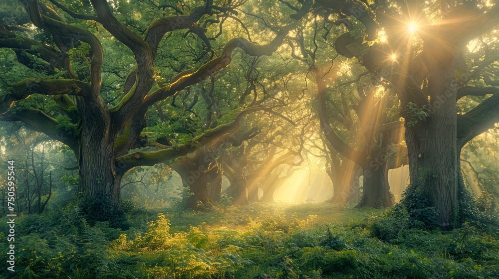 Enchanted Sunrise Filtering Through Majestic Oaks in Lush Forest - A Mystical Morning Scene with Sunbeams and Verdant Undergrowth