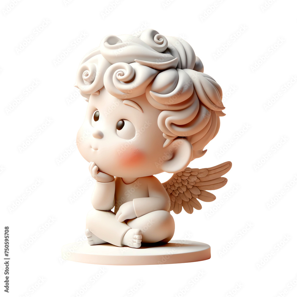 Fototapeta premium 3D cartoon style cherub with curly hair, blushing cheeks and a thoughtful pose