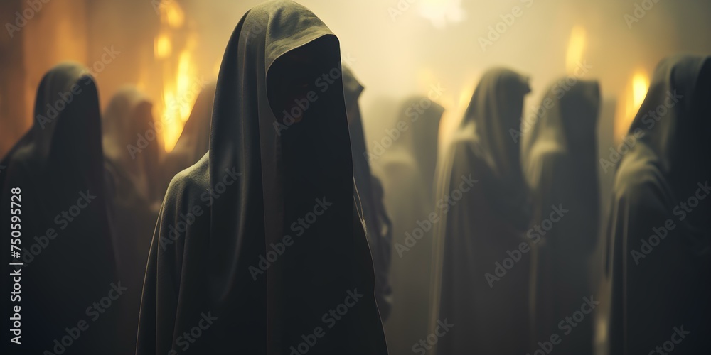 Mysterious figures in hoods gather for a clandestine ceremony steeped in secrecy. Concept Mystery, Figures in Hoods, Clandestine Ceremony, Secrecy, Intrigue