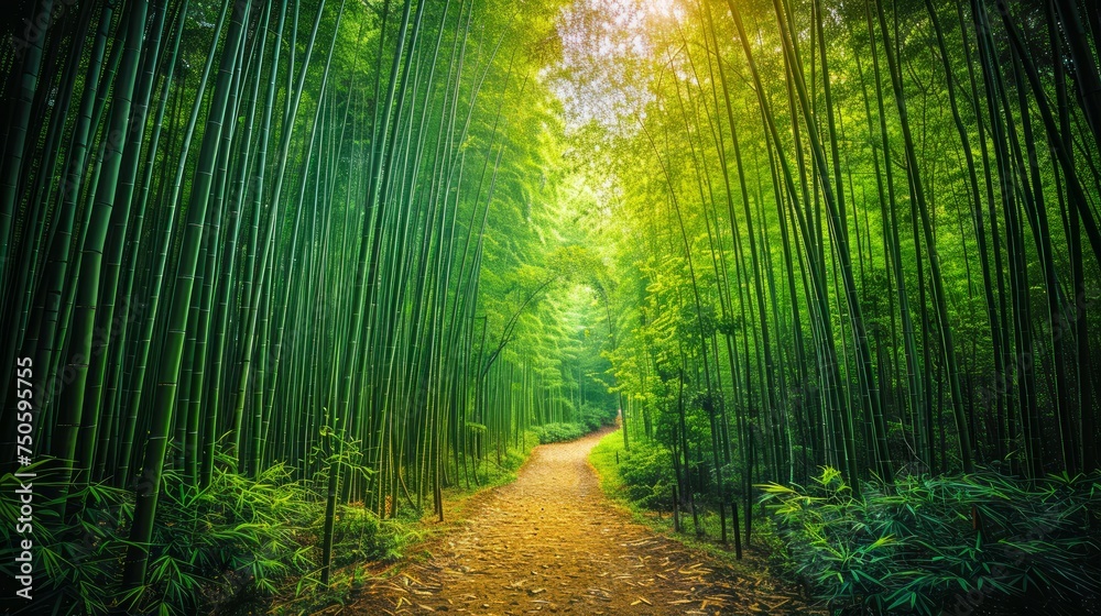 Naklejka premium Serene Bamboo Forest Pathway Surrounded by Lush Greenery and Gentle Sunlight Filtering Through