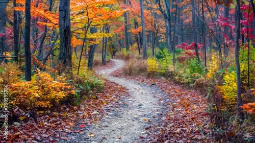 Vibrant Autumn Foliage Along Serene Forest Trail - Seasonal Landscape With Colorful Trees and Peaceful Pathway