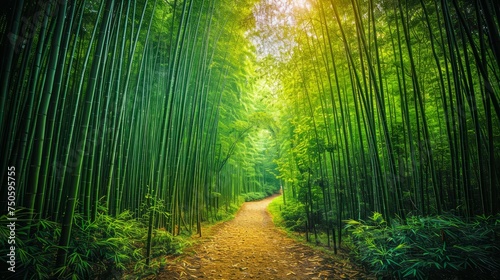 Serene Bamboo Forest Pathway Surrounded by Lush Greenery and Gentle Sunlight Filtering Through