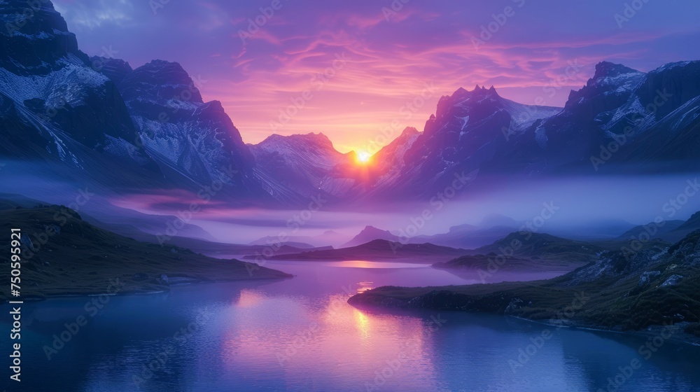 Majestic Sunset Over Serene Lake Surrounded by Dramatic Mountain Peaks Under a Vibrant Sky