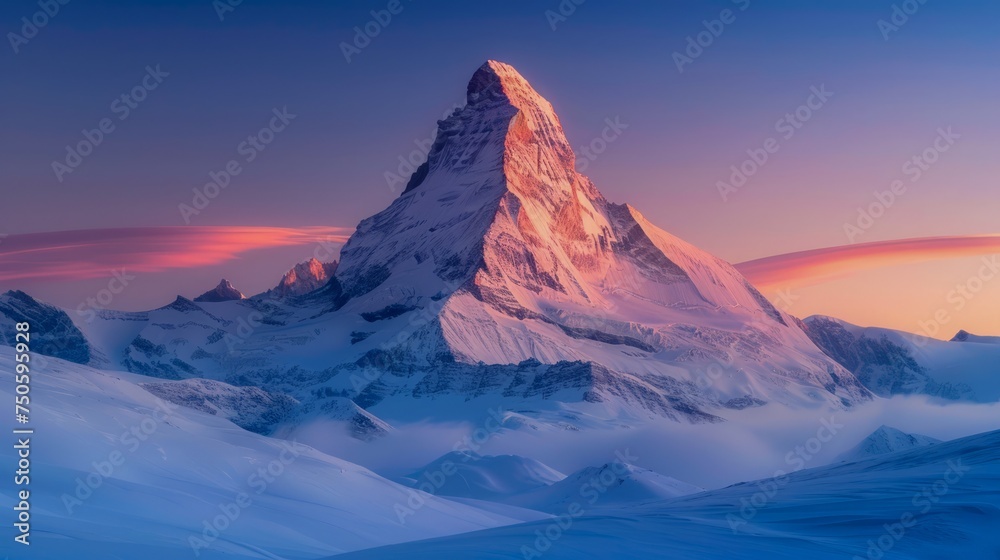 Majestic Sunrise over Snow-Capped Mountain Peak with Softly Lit Clouds and Blue-Pink Sky Gradient