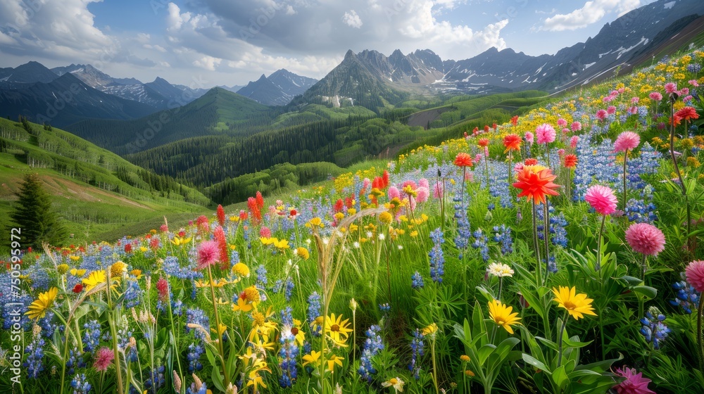 Breathtaking Panoramic View of a Vibrant Wildflower Meadow in Mountainous Landscape under Sunny Skies
