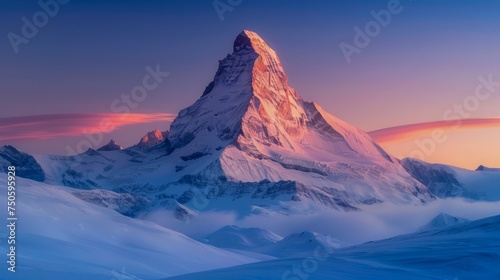 Majestic Sunrise over Snow-Capped Mountain Peak with Softly Lit Clouds and Blue-Pink Sky Gradient