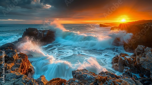 Majestic Ocean Sunset with Dramatic Waves Crashing Against Rocky Cliffs, Vibrant Sky Landscape