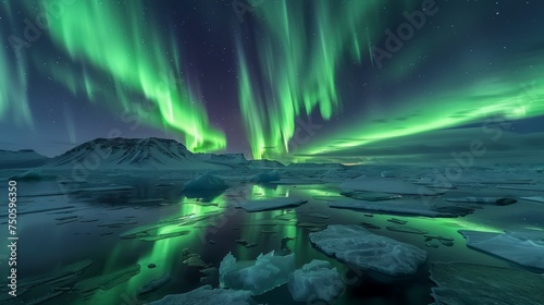 Spectacular Northern Lights Aurora Borealis Display Over Icy Arctic Landscape with Glacial Formations at Night © pisan