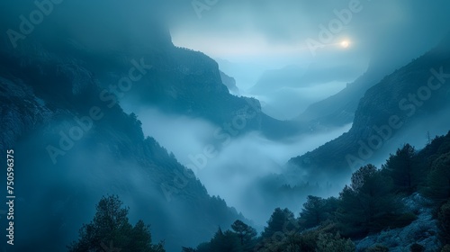 Majestic Misty Mountain Landscape at Twilight with Rising Moon and Dense Fog