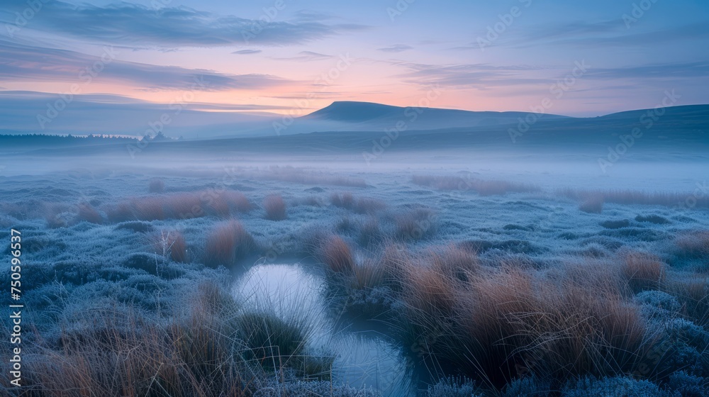 Tranquil Dawn Over Frosty Moorland with Mist and Gentle Reflections on Water in the Countryside
