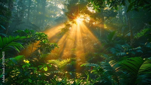 Sun Rays Peeking Through Lush Green Tropical Forest Foliage at Sunrise or Sunset